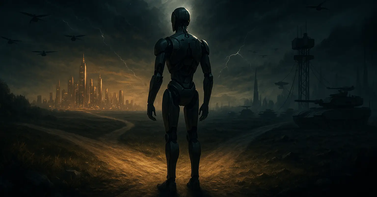 Humanoid robot at a crossroads under stormy skies, facing a glowing city on one side and a dark militarized landscape on the other