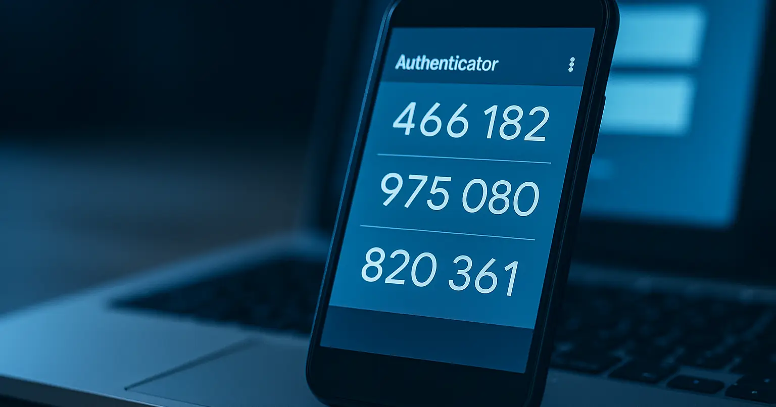 Smartphone displaying an authenticator app with 6-digit security codes, resting on a blurred laptop keyboard, blue-toned lighting