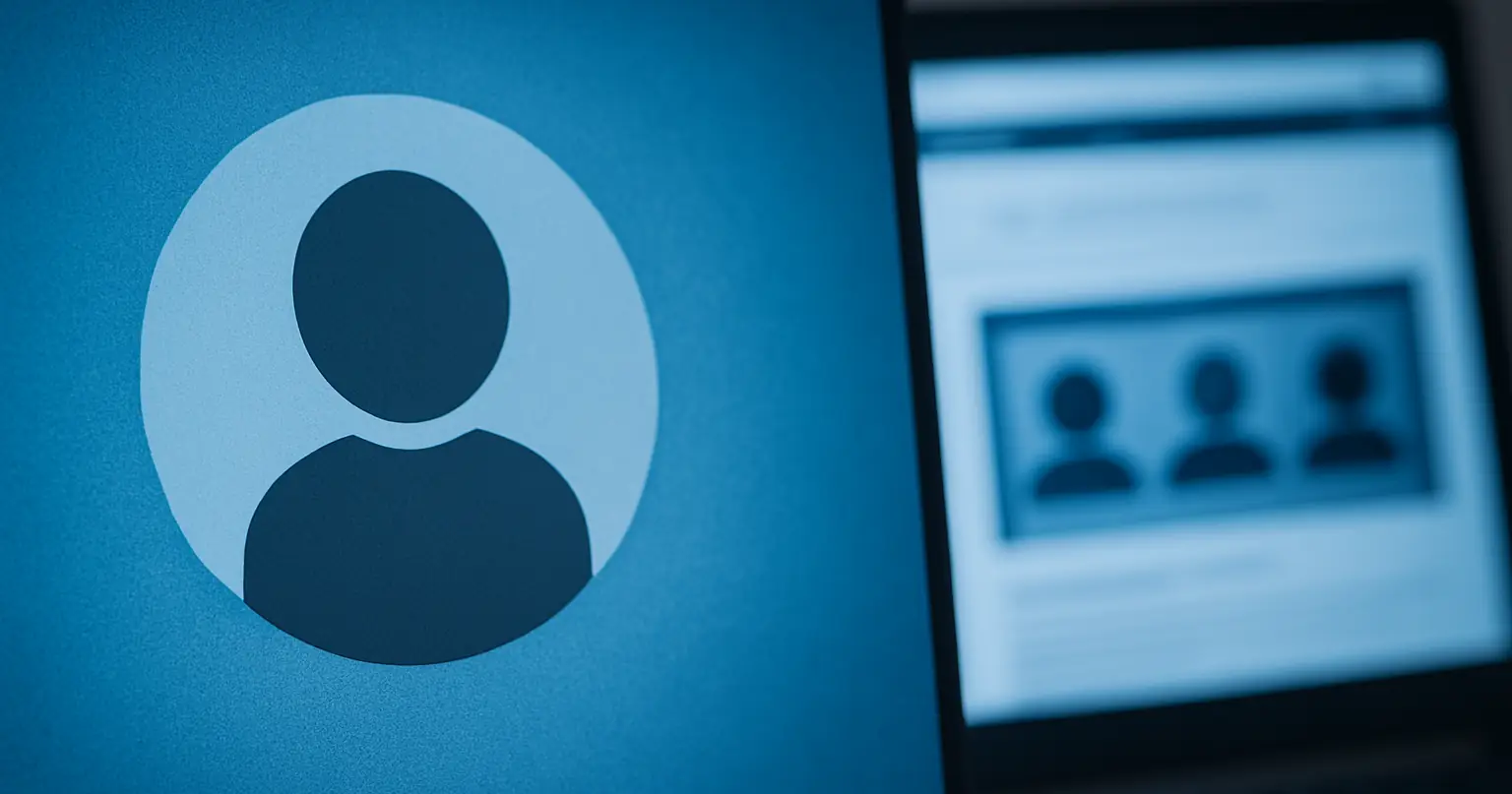 Close-up of a computer screen showing a default user avatar icon, with a second blurred screen in the background displaying multiple profile icons, symbolizing online identity and community.
