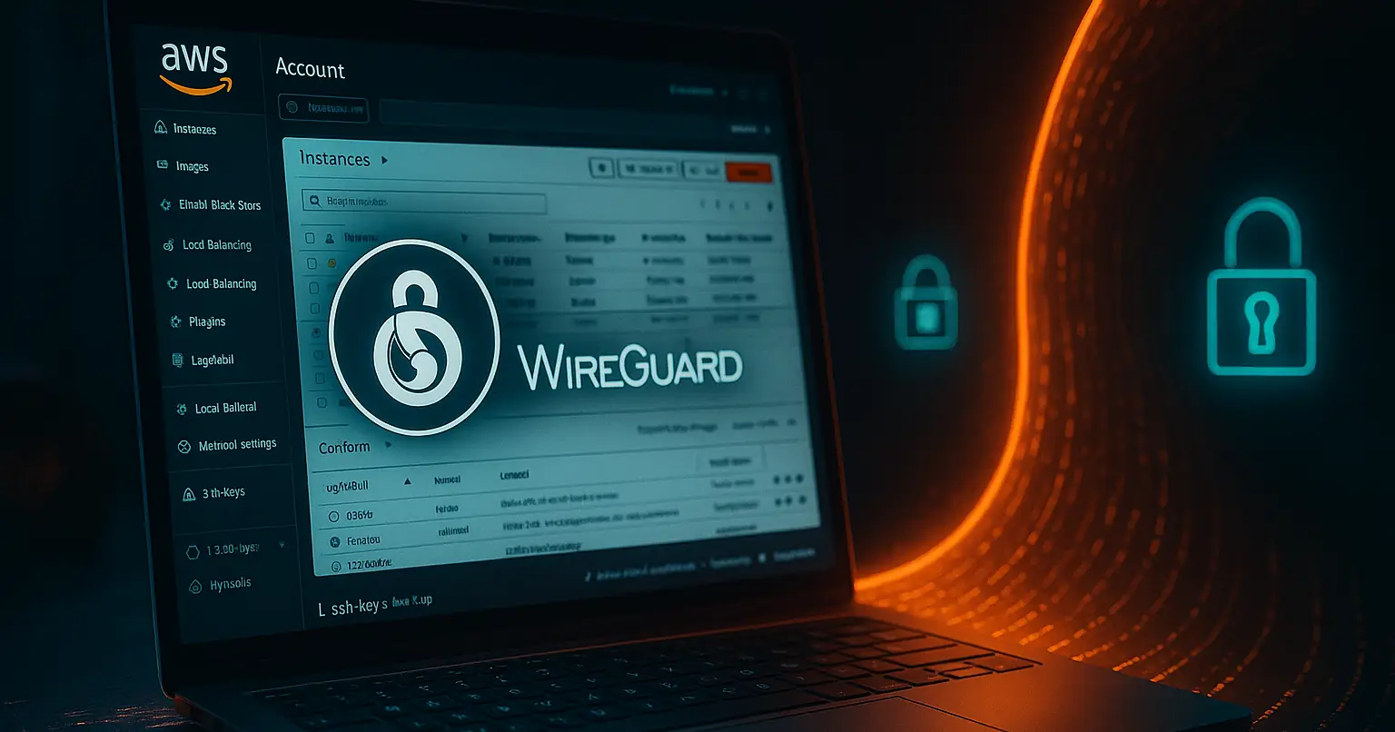 Laptop showing AWS EC2 dashboard with WireGuard overlay and glowing lock tunnel representing secure VPN connection
