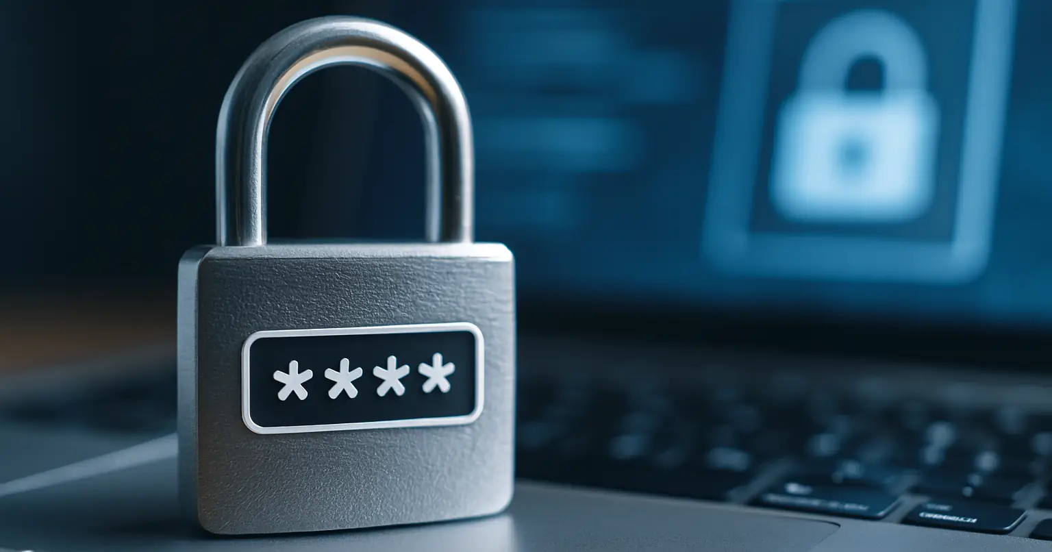 A silver padlock with a password field featuring four asterisks resting on a laptop keyboard, symbolizing password security and online protection.